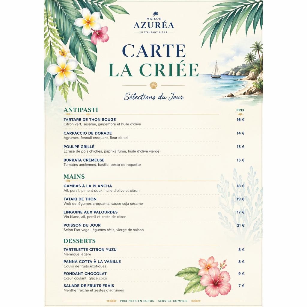 Carte de restaurant A4 en portrait, style resort tropical, menu du jour avec en-tête décoratif, rubriques et colonne de prix.