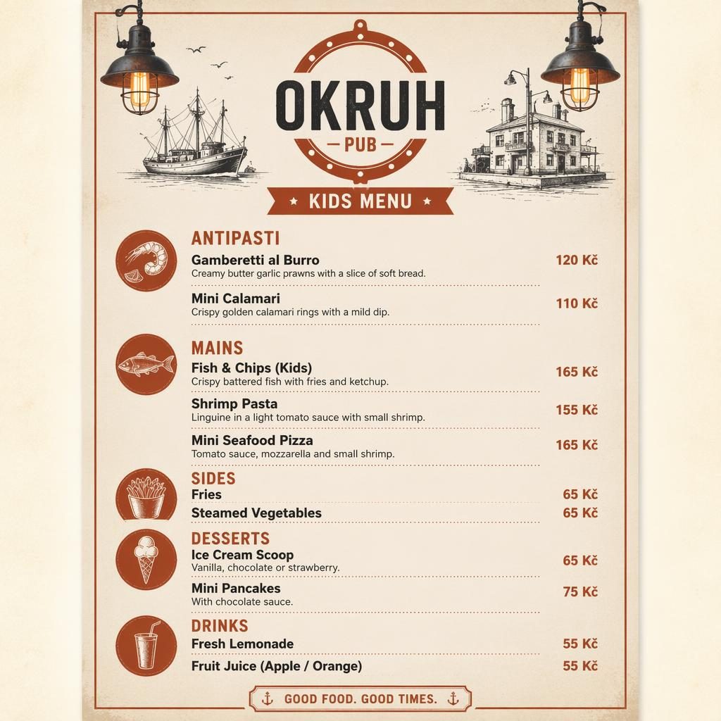 A4 menu karta pro děti s mořskými plody, industriální loft styl, krémová a rezavá paleta, dekorativní hlavička a ceny