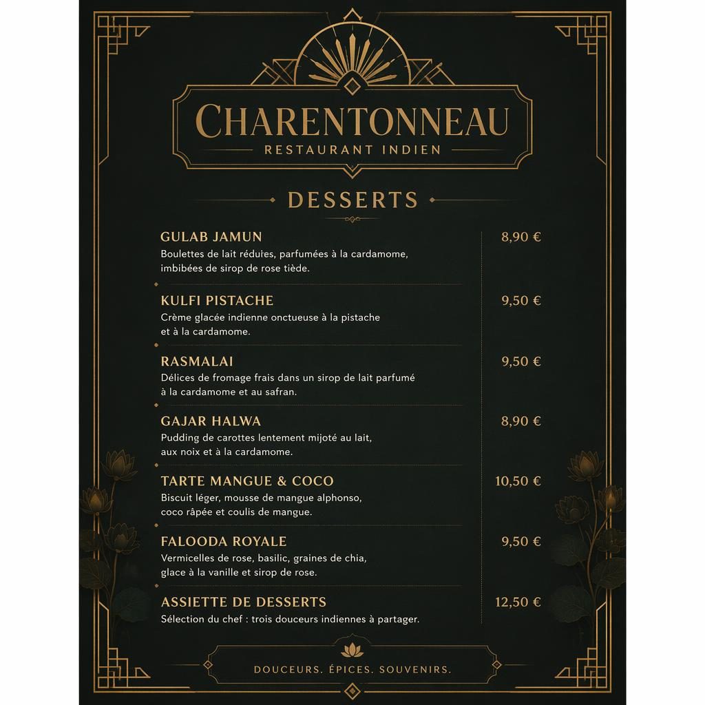 Carte de menu dessert A4 en portrait, style art déco sombre, avec en-tête décoratif, typographie de remplacement et colonne de prix.