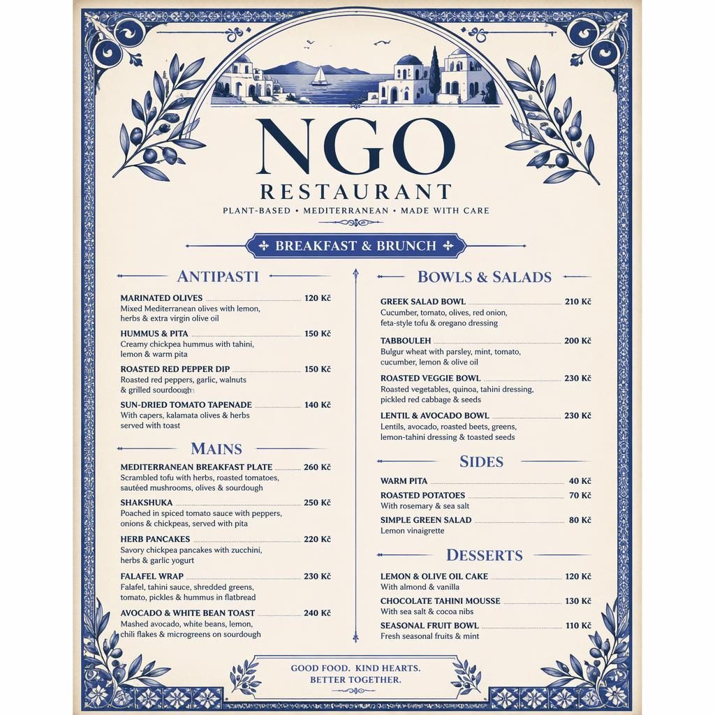 A4 menu karta pro ngo restaurant ve stylu 20. let, modro-krémová paleta, dekorativní záhlaví, ceny a zástupný text jídel.
