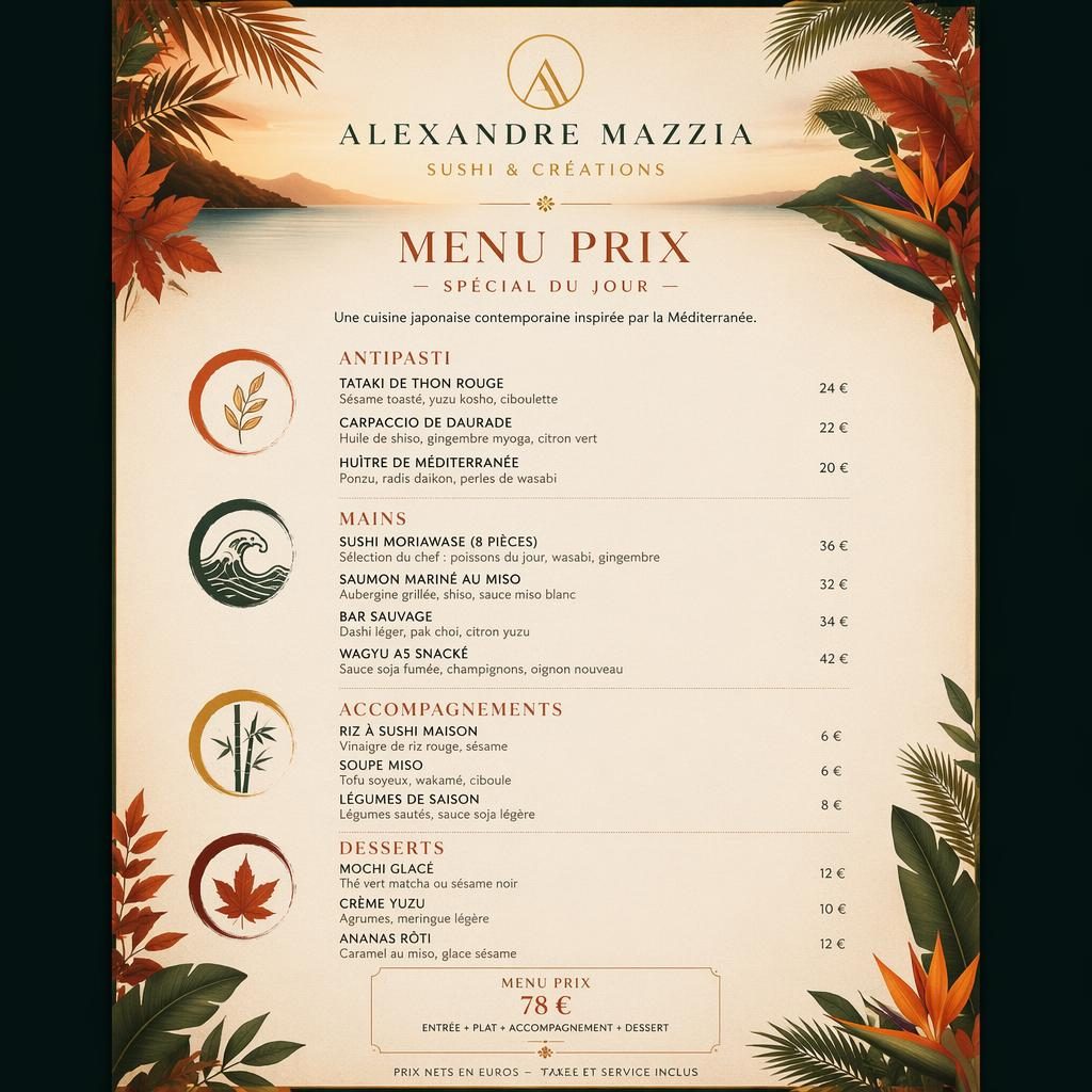 Carte de menu japonaise A4 en portrait, style resort tropical, palette automnale, rubriques, plats, descriptions et prix.