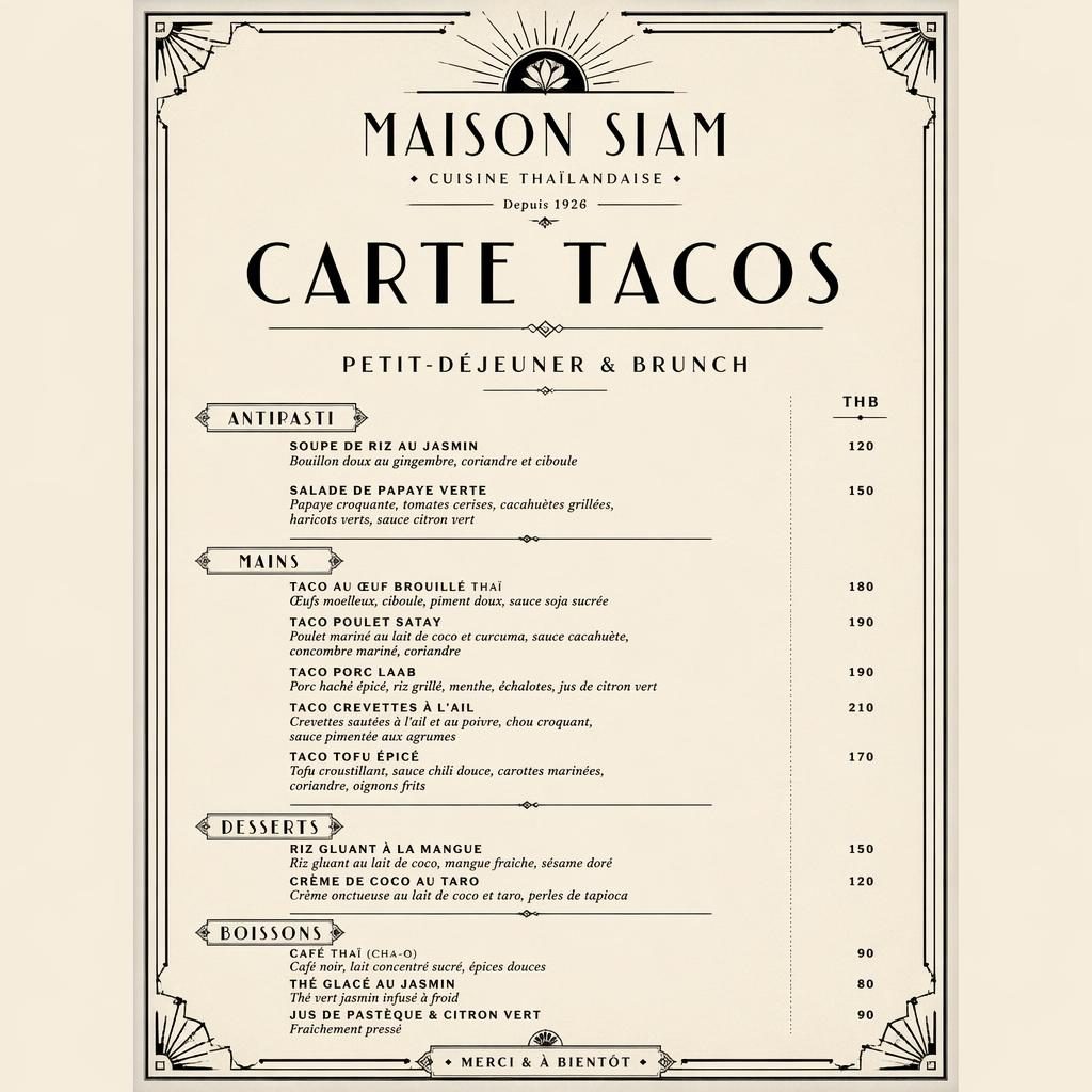 Mise en page de menu A4 portrait pour carte tacos thaï, style vintage années 1920, monochrome, avec en-tête décoratif.