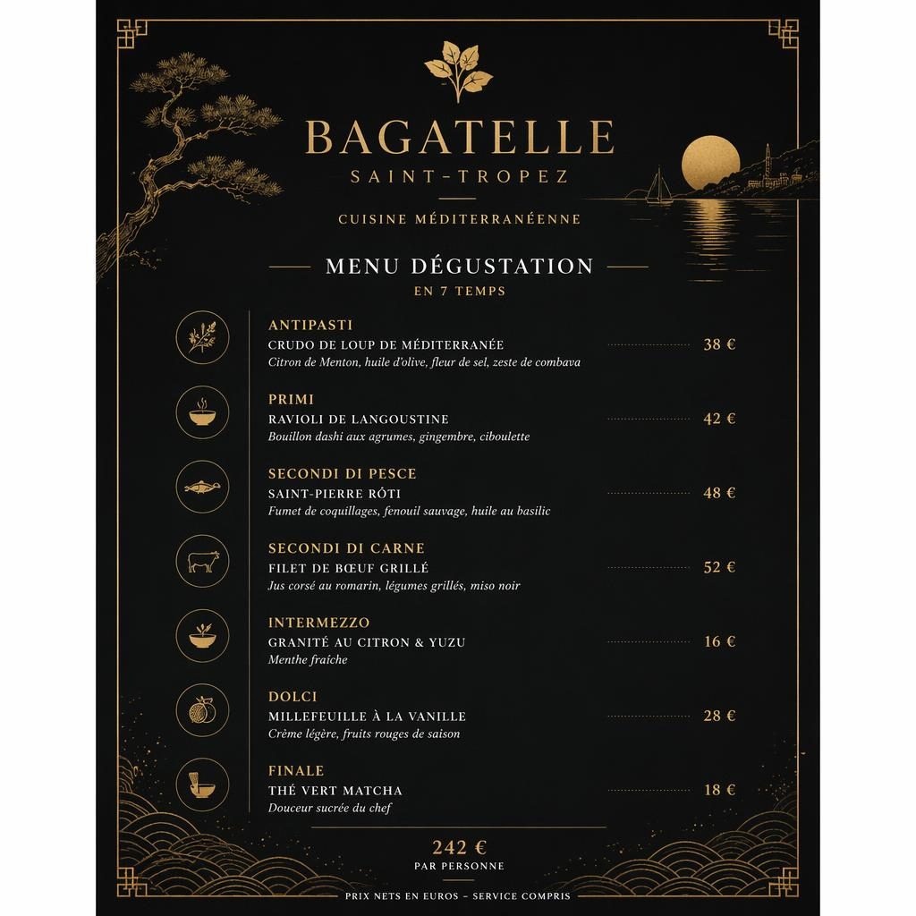 Carte de menu dégustation A4 en style kaiseki japonais, palette noir et or, en-tête décoratif, sections et colonne de prix.