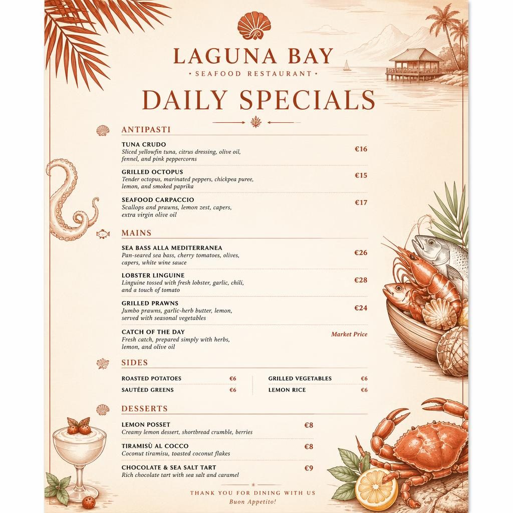A4 portrait seafood daily specials menu card in warm cream and rust, with tropical resort styling, header, sections, and prices.