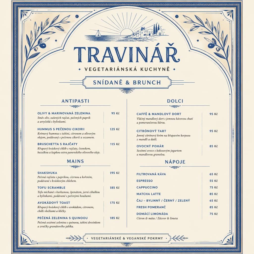 A4 jídelní lístek pro menu travinář, brunch ve stylu 20. let, modro-krémová paleta, dekorativní hlavička a ceny