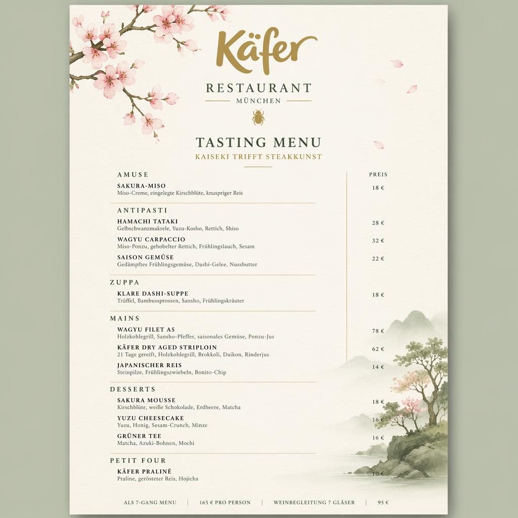 A4-Menükarte im Hochformat für käfer restaurant, Kaiseki-Design, Frühlingsfarben, Platzhaltertexte, Preise und Zierkopf