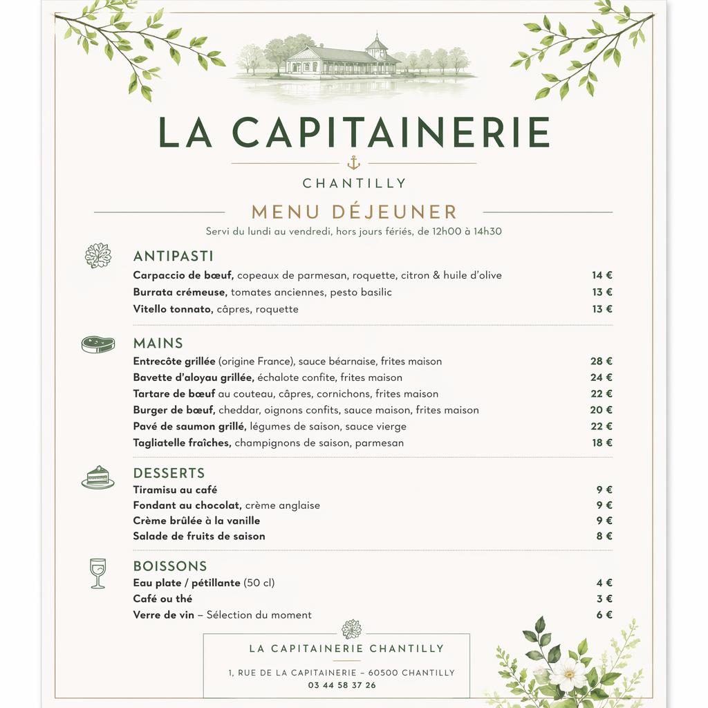 Carte de menu déjeuner A4 en portrait, style suisse minimaliste, palette printanière, en-tête décoratif et colonne de prix.