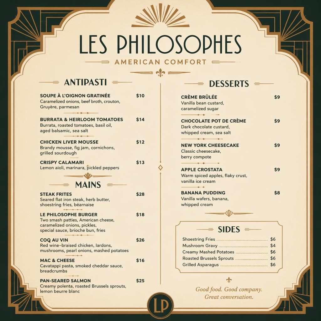 Carte de desserts A4 en portrait, style Art déco, palette terre chaude, en-tête décoratif et colonne de prix.