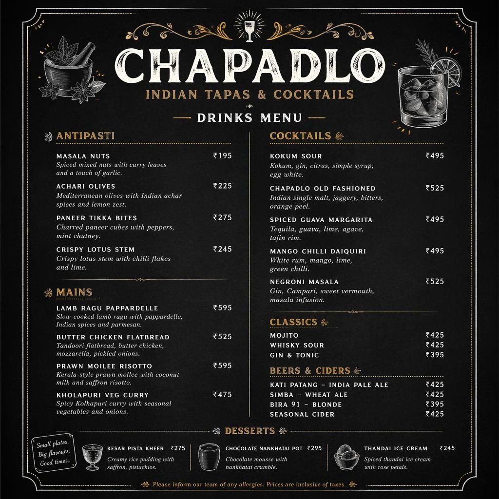 A4 koktejlový lístek chapadlo menu v tmavém chalkboard stylu s dekorativní hlavičkou, sekcemi a sloupcem cen.