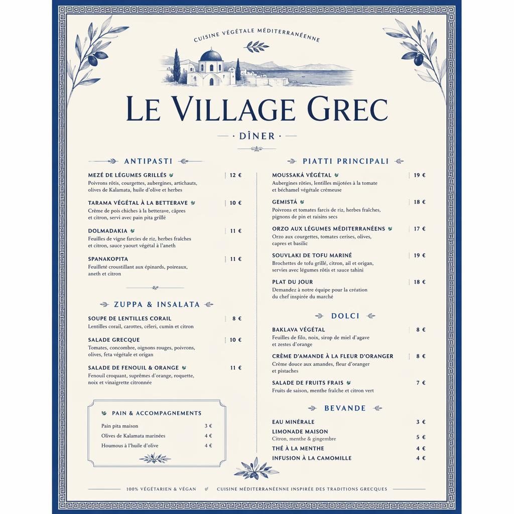 Carte de menu A4 portrait pour dîner grec végétarien et vegan, style luxe bleu et crème, en-tête décoratif et colonne de prix.