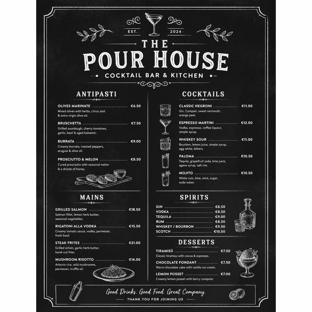 A4 portrait cocktail bar menu card in chalkboard cafe style with monochrome layout, decorative header, drink sections, item names and prices.