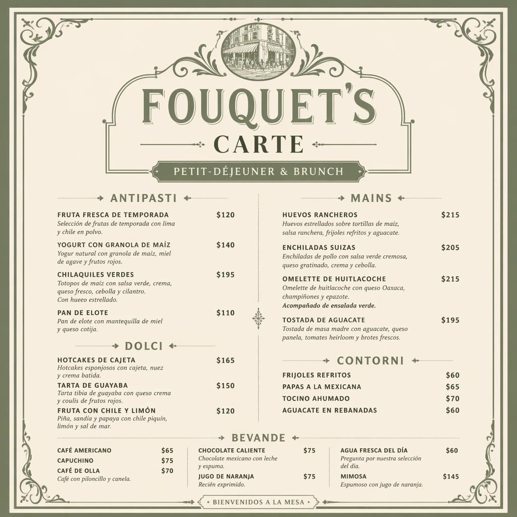 Carte de menu brunch mexicain A4 en style vintage années 1920, palette sauge et ivoire, avec en-tête décoratif et colonne de prix.