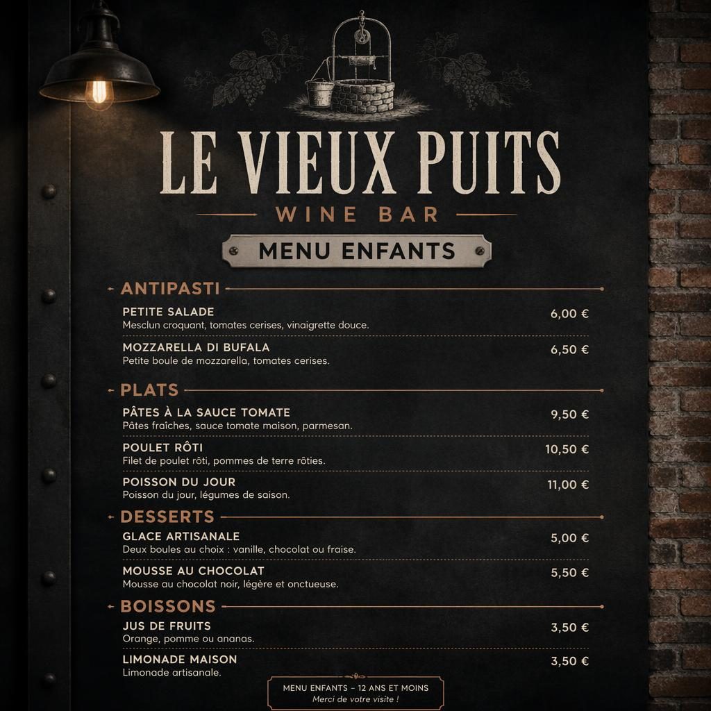 Carte de menu enfant A4 portrait pour bar à vin, style loft industriel sombre, avec en-tête décoratif, rubriques et colonne de prix.