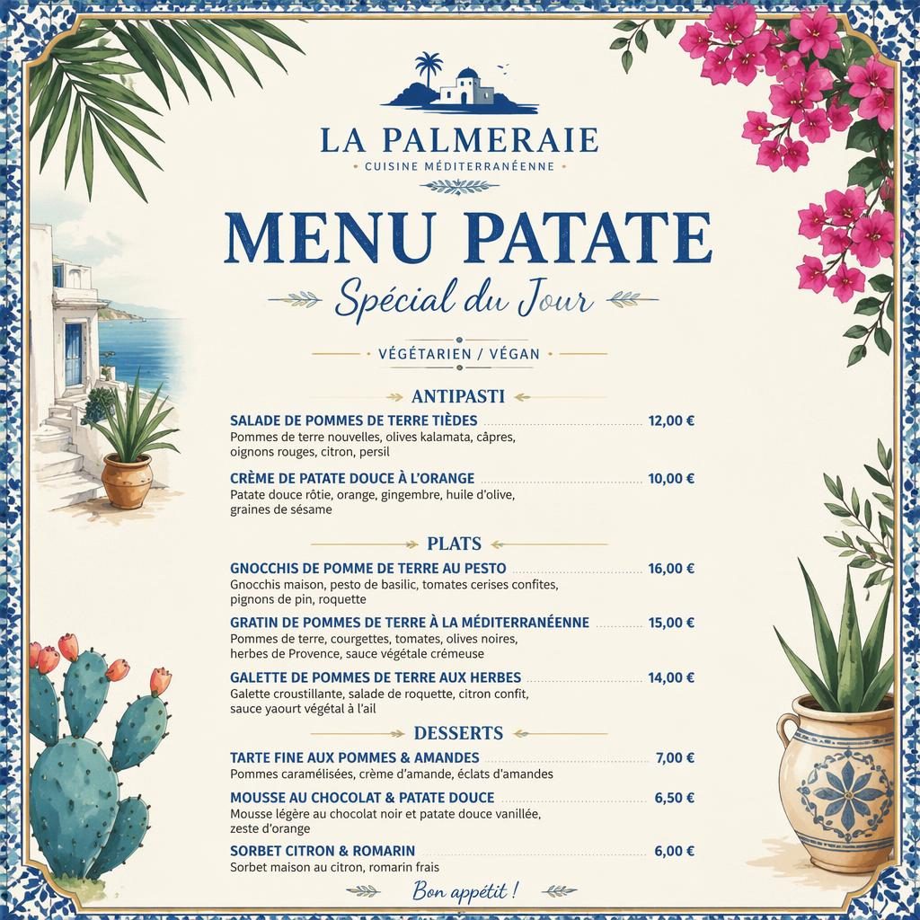 Carte de menu A4 en portrait, palette bleu méditerranéen et crème, style resort tropical, avec rubriques et colonne de prix.