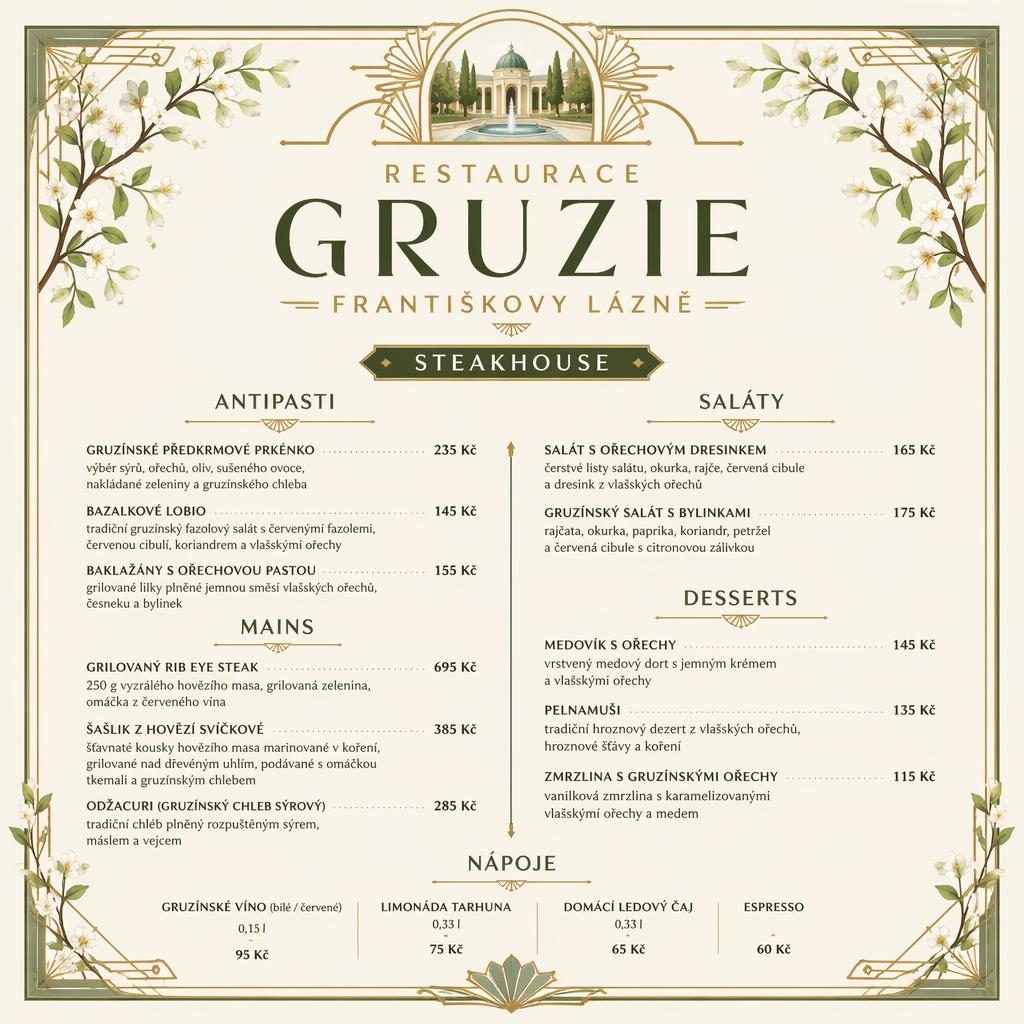 A4 dezertní menu ve stylu art deco pro restaurace gruzie františkovy lázně, jarní paleta, ceny a dekorativní záhlaví.
