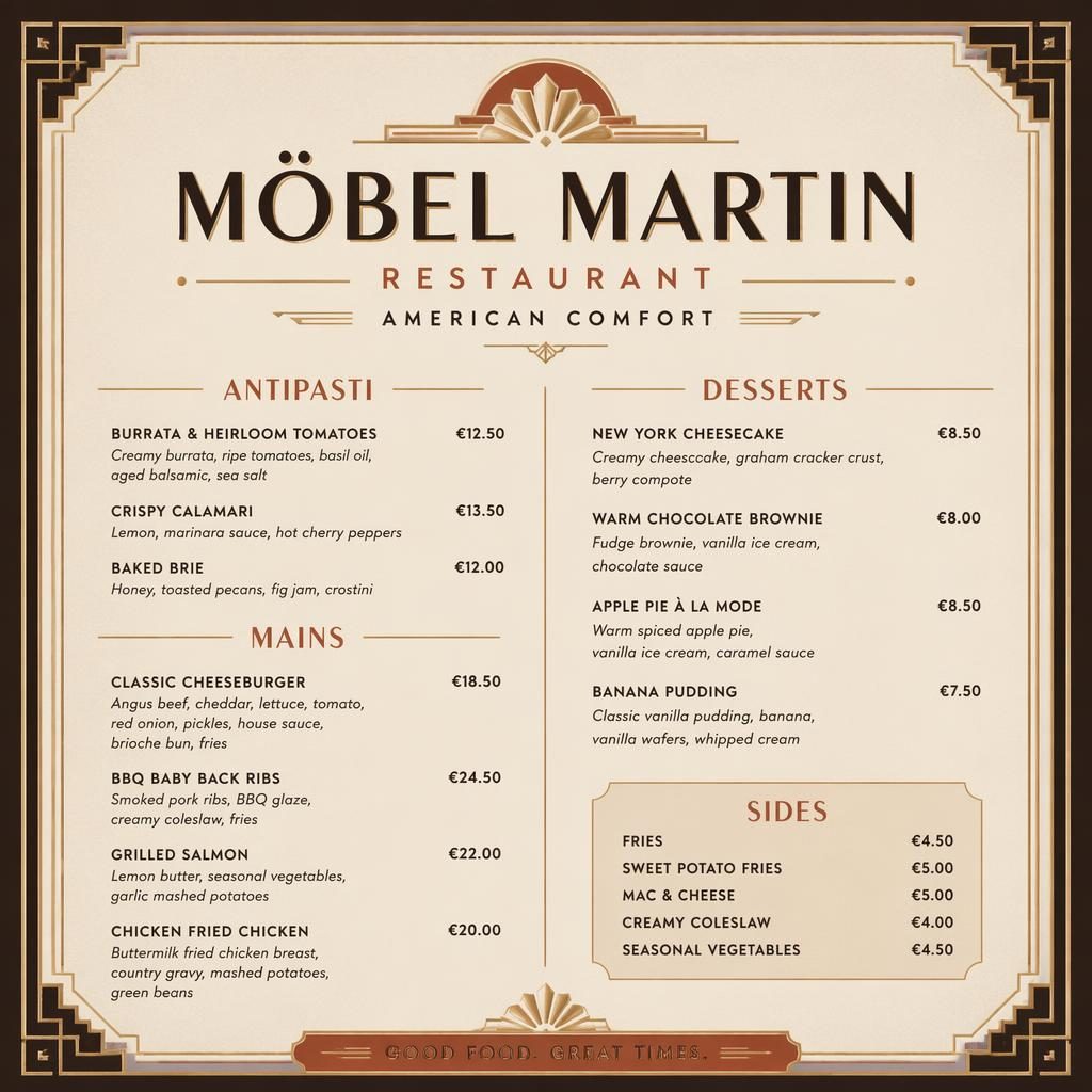 A4-Dessertkarte für möbel martin restaurant im Art-Déco-Stil mit warmen Erdtönen, Deko-Header, Platzhaltertext und Preisen.