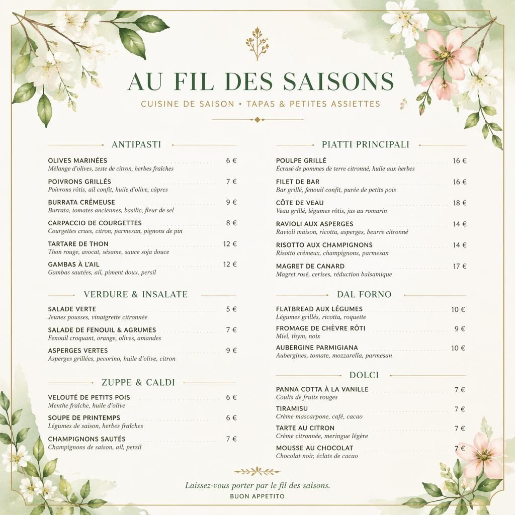 Carte de menu A4 en portrait, style gastronomique chic, palette printanière, en-tête décoratif, rubriques et colonne de prix.