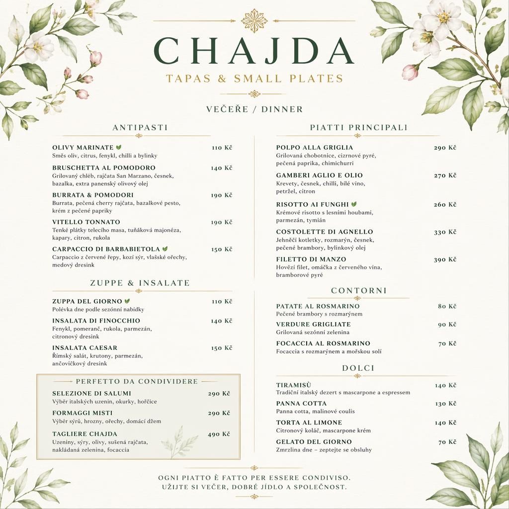 Luxusní menu karta A4 na výšku pro chajda menu s dekorativní hlavičkou, sekcemi jídel, popisy a cenami.
