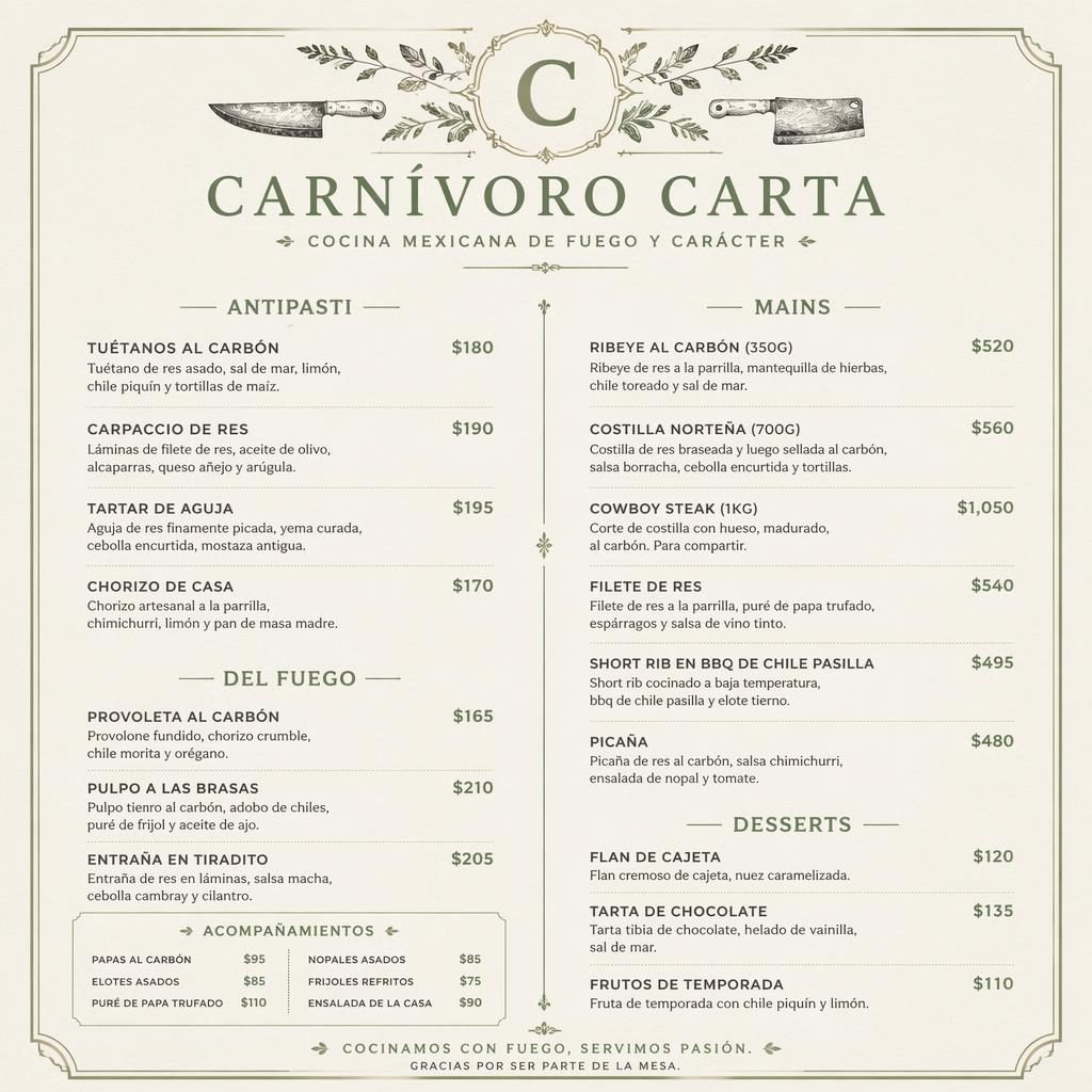 Tarjeta de menú mexicana de cena en formato A4 vertical, paleta salvia y marfil, estilo lujo con precios y encabezados.