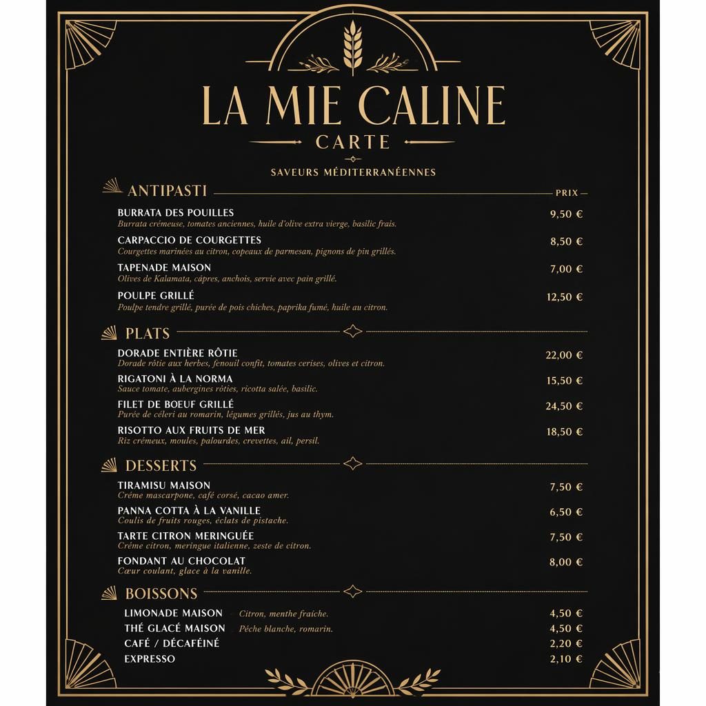 Carte de desserts A4 portrait style art déco, noir et or, avec en-tête décoratif, typographie factice et colonne de prix.