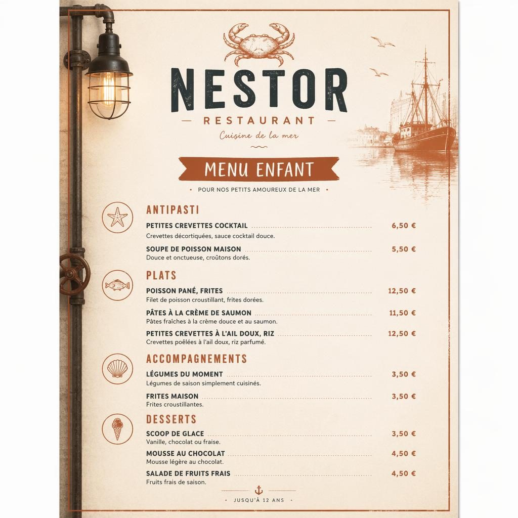 Carte menu enfant A4 pour nestor restaurant, style loft industriel crème et rouille, en-tête décoratif, sections et prix