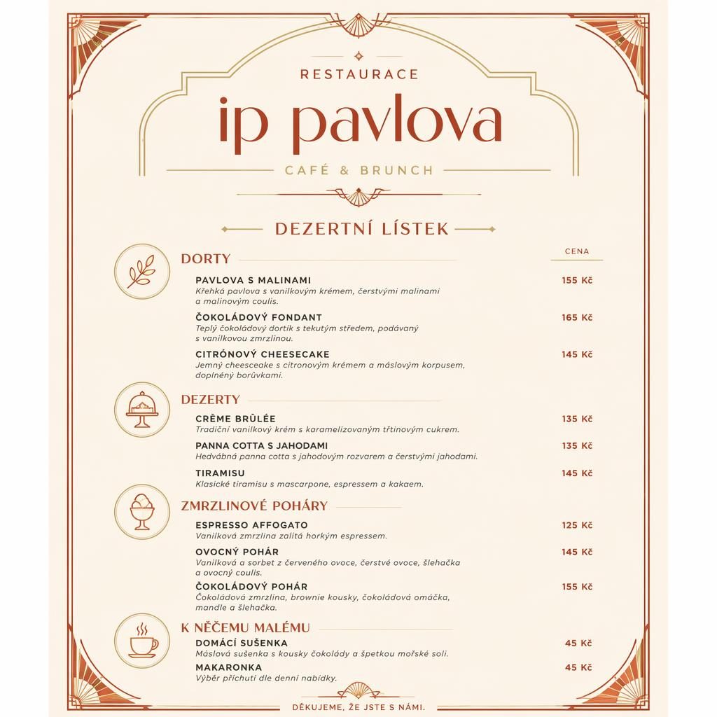A4 dezertní menu pro restaurace ip pavlova ve stylu art deco, krémovo-rezavá paleta, dekorativní záhlaví a ceny
