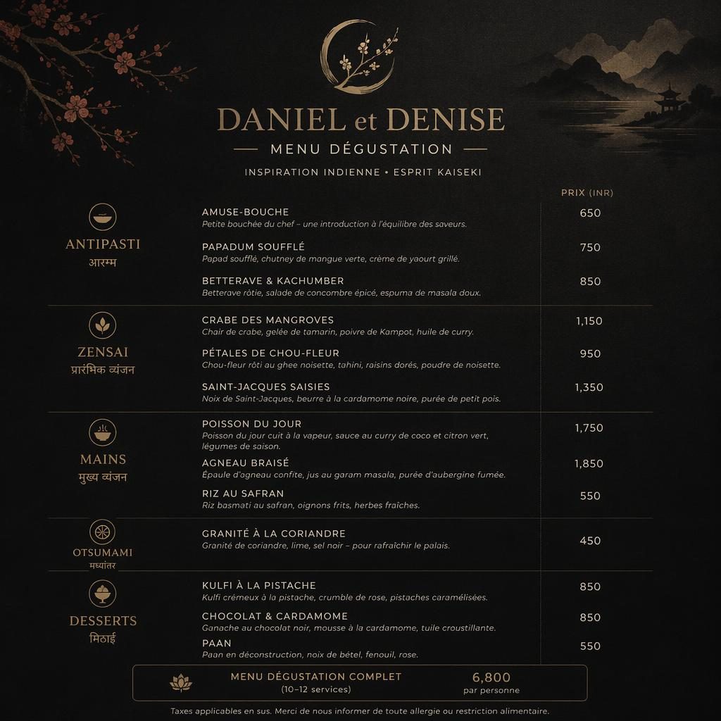 Carte de menu A4 portrait pour daniel et denise menu, cuisine indienne, style kaiseki sombre avec en-tête décoratif et prix.