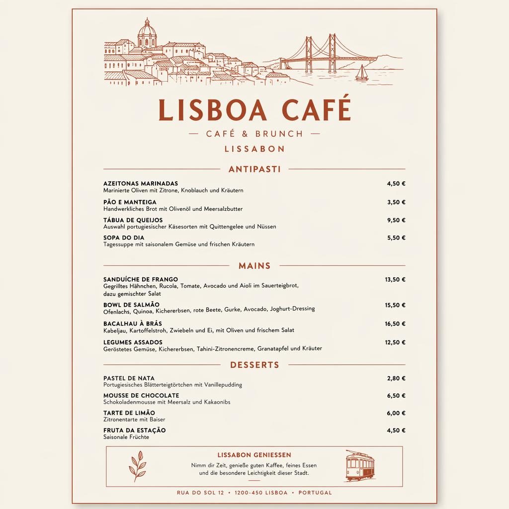 Minimalistische A4-Menükarte für ein Café in Lissabon in Creme und Rost mit Lunch-Gerichten, Rubriken und Preisspalte.