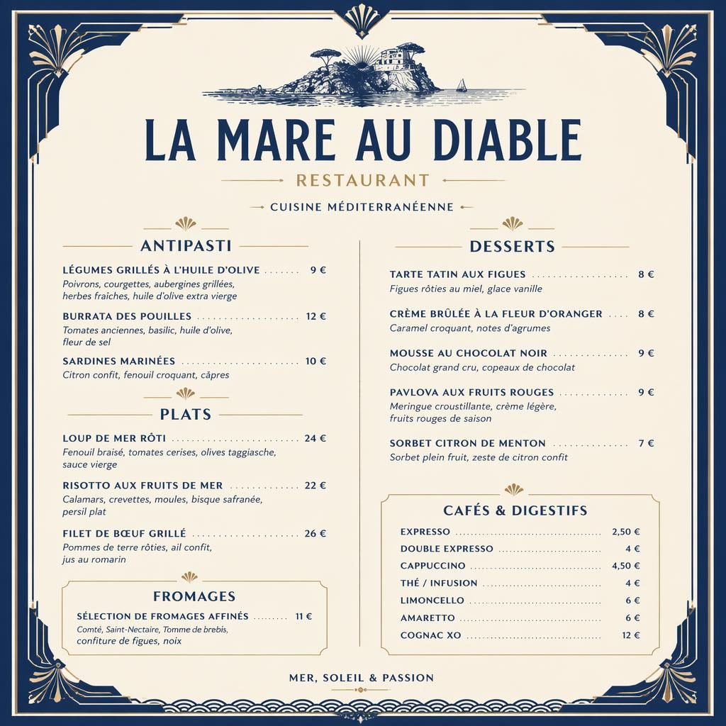 Carte de desserts A4 portrait style art déco, palette bleu méditerranéen et crème, avec en-tête décoratif et colonne de prix.