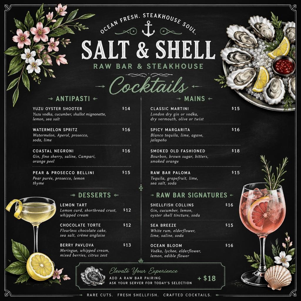 A4 portrait cocktail menu card for raw bar decor with chalkboard cafe styling, spring palette, header, sections, prices.