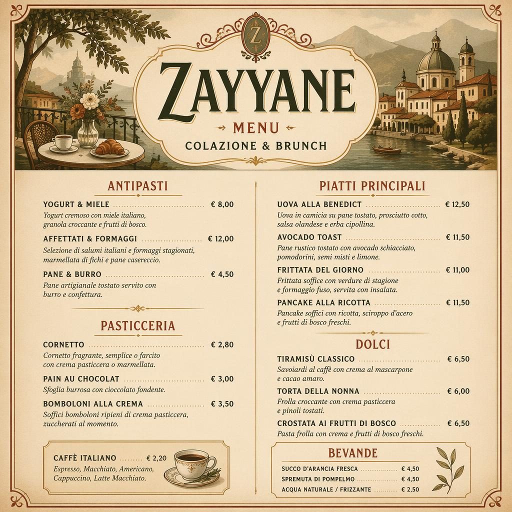 Carte de menu A4 en portrait, style italien vintage années 1920, palette terre chaude, en-tête décoratif et colonne de prix.