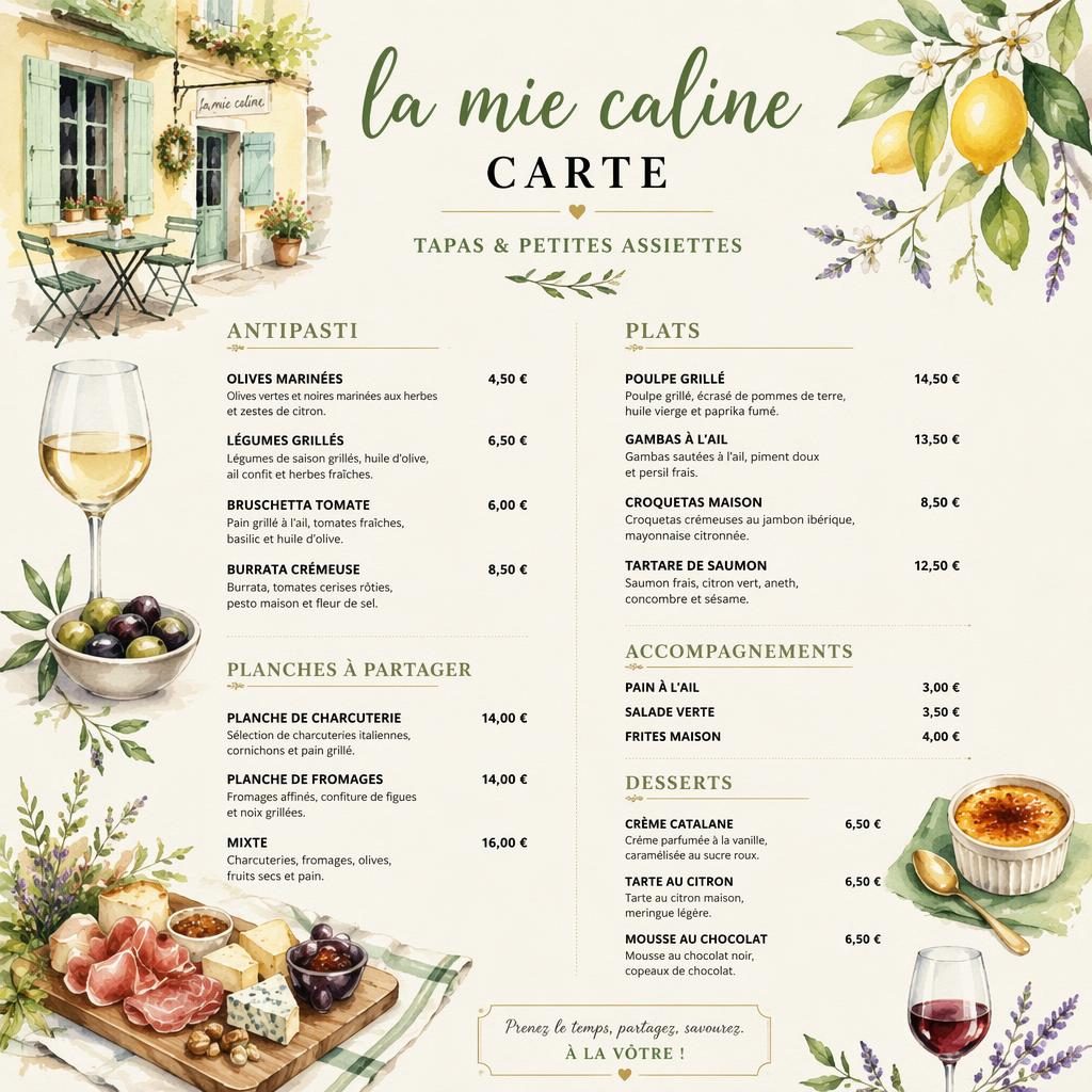 Carte des vins A4 en portrait, style aquarelle cosy, en-tête décoratif, rubriques, textes fictifs lisibles et colonne de prix.