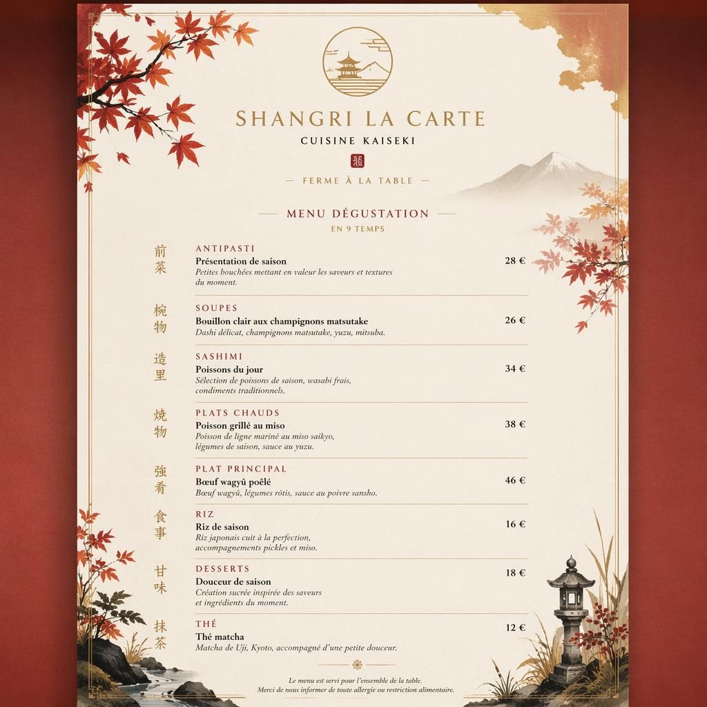 Carte de menu A4 en portrait pour shangri la carte, style kaiseki japonais, palette automnale, rubriques, plats et prix.
