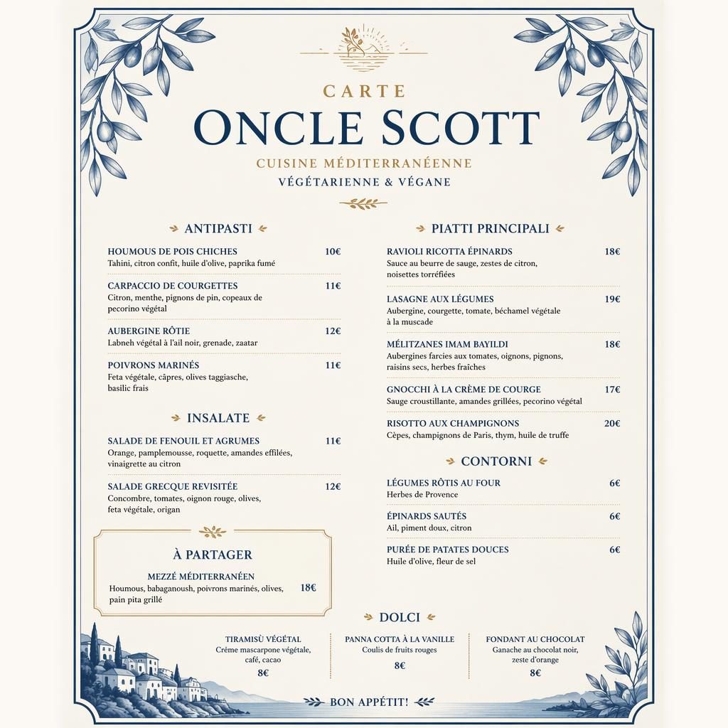 Carte de dîner A4 portrait luxe bleu méditerranéen et crème, menu végétarien vegan avec rubriques, plats et prix.