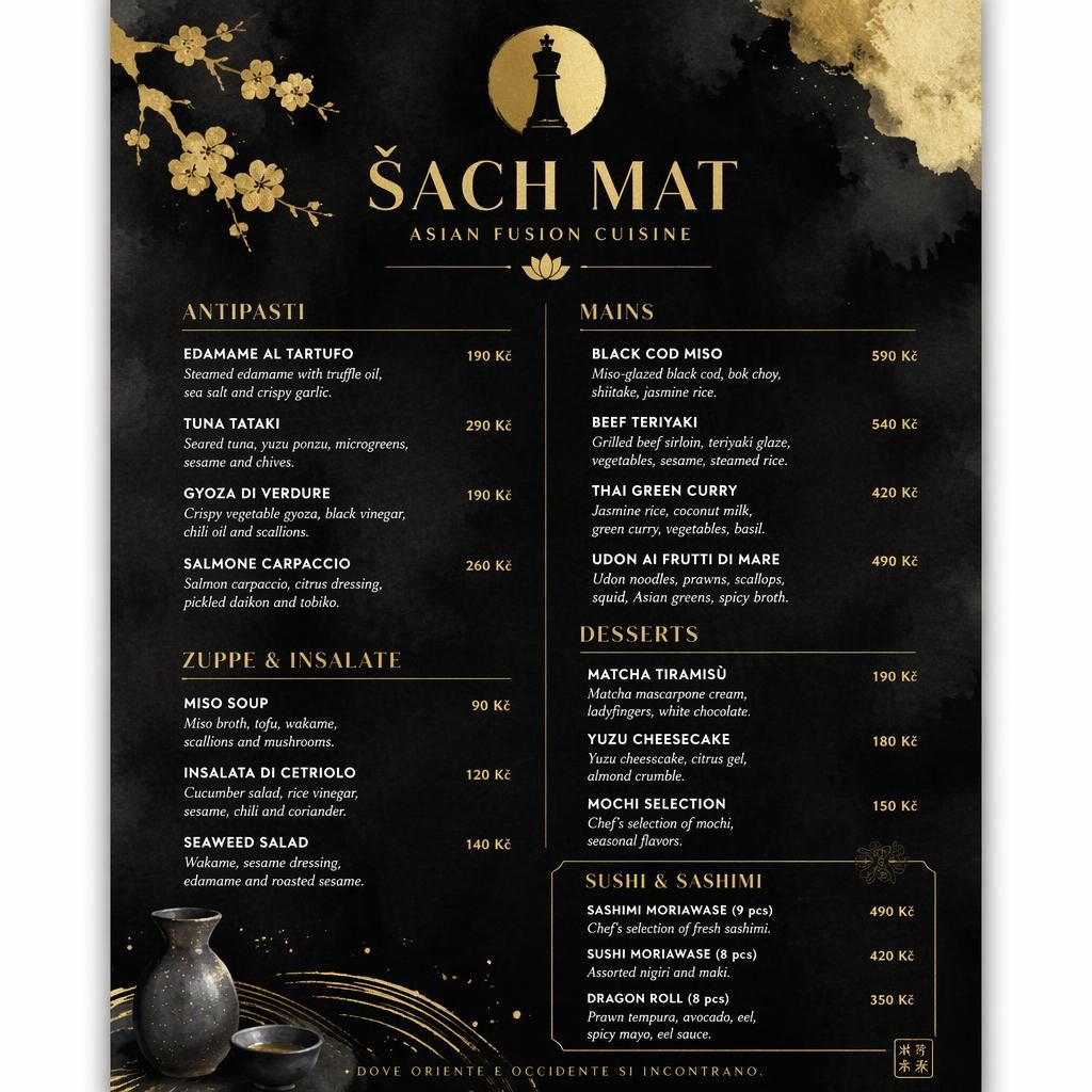 A4 menu karta na výšku pro šach mat menu, vinný lístek v černo-zlaté paletě s akvarelovým dekorem a cenami.