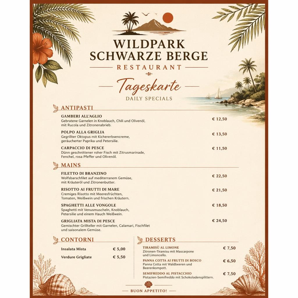 A4-Menükarte im Tropenresort-Stil für wildpark schwarze berge restaurant, Seafood-Tagesgerichte in Creme und Rost
