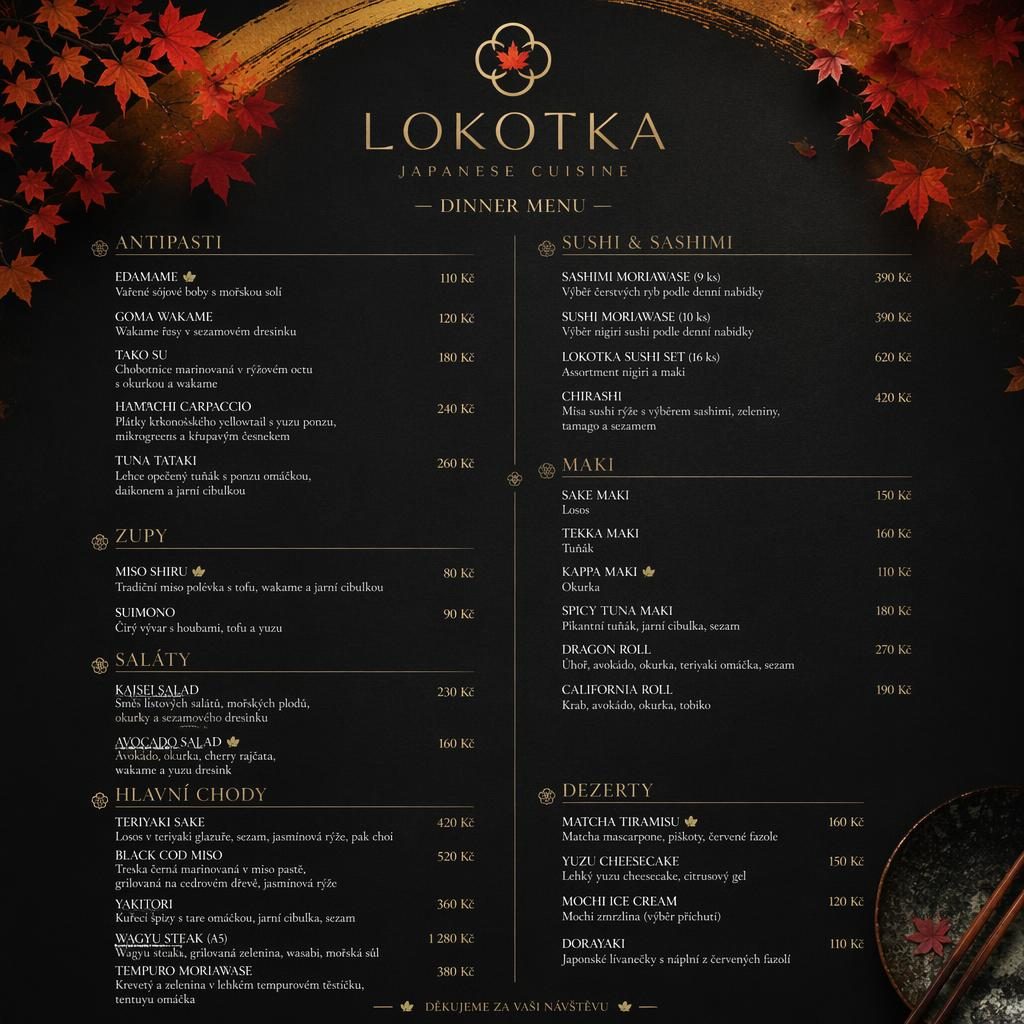 A4 jídelní lístek pro lokotka menu, luxusní japonské sushi menu s podzimní paletou, sekcemi a cenami.