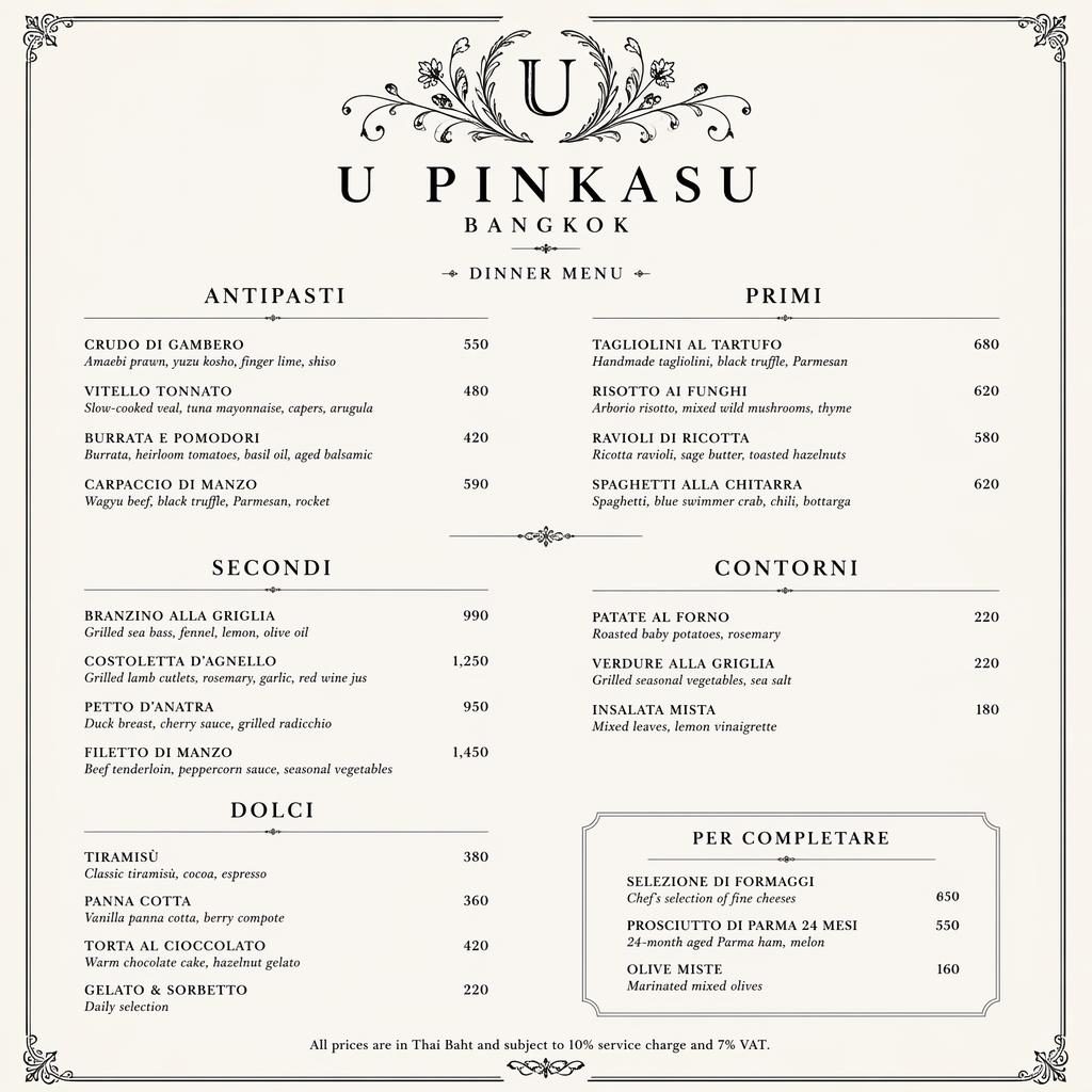 Luxusní A4 menu karta pro U Pinkasů v monochromním stylu s dekorativní hlavičkou, sekcemi jídel a sloupcem cen.