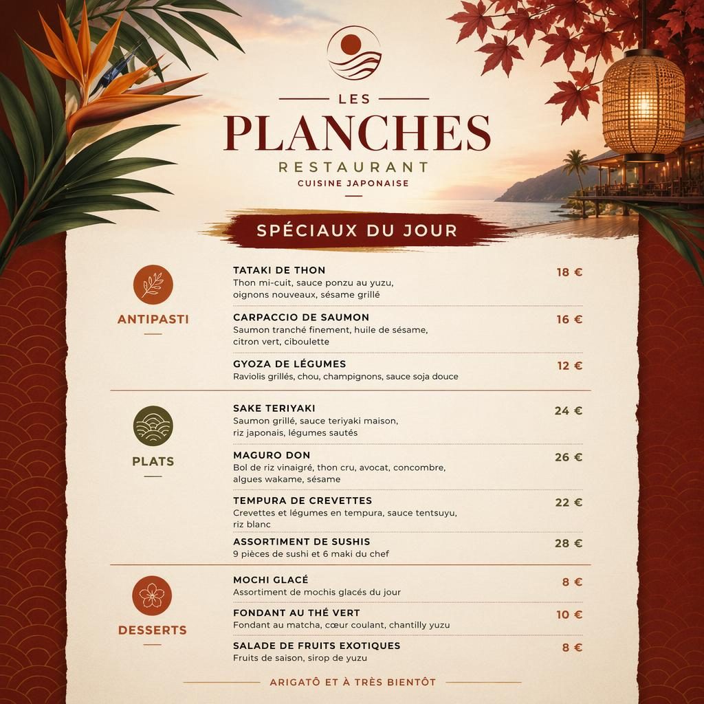 Carte de menu A4 portrait pour les planches restaurant, style resort tropical, palette automnale riche, rubriques sushi et colonne de prix.