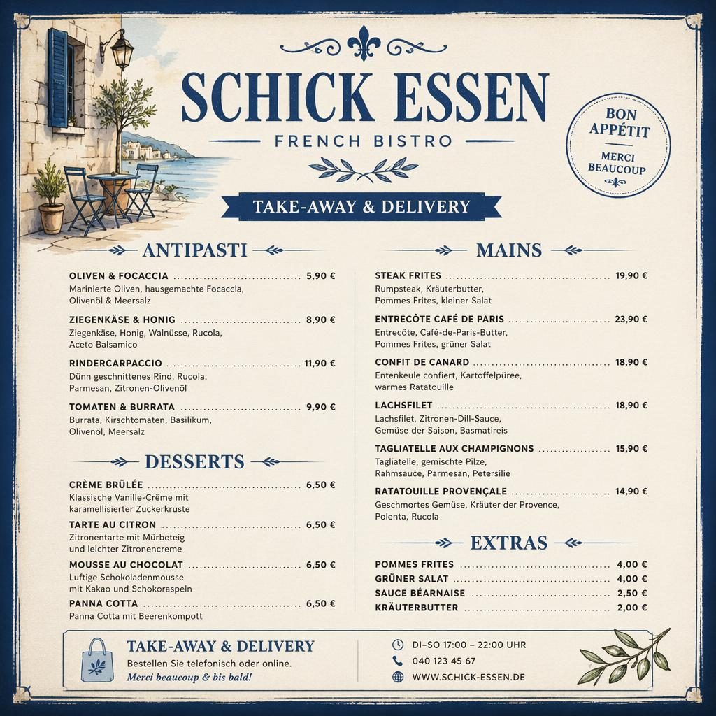 A4-Menükarte für Schick Essen im französischen Bistro-Stil, rustikal warm in Blau und Creme mit Preisspalte.