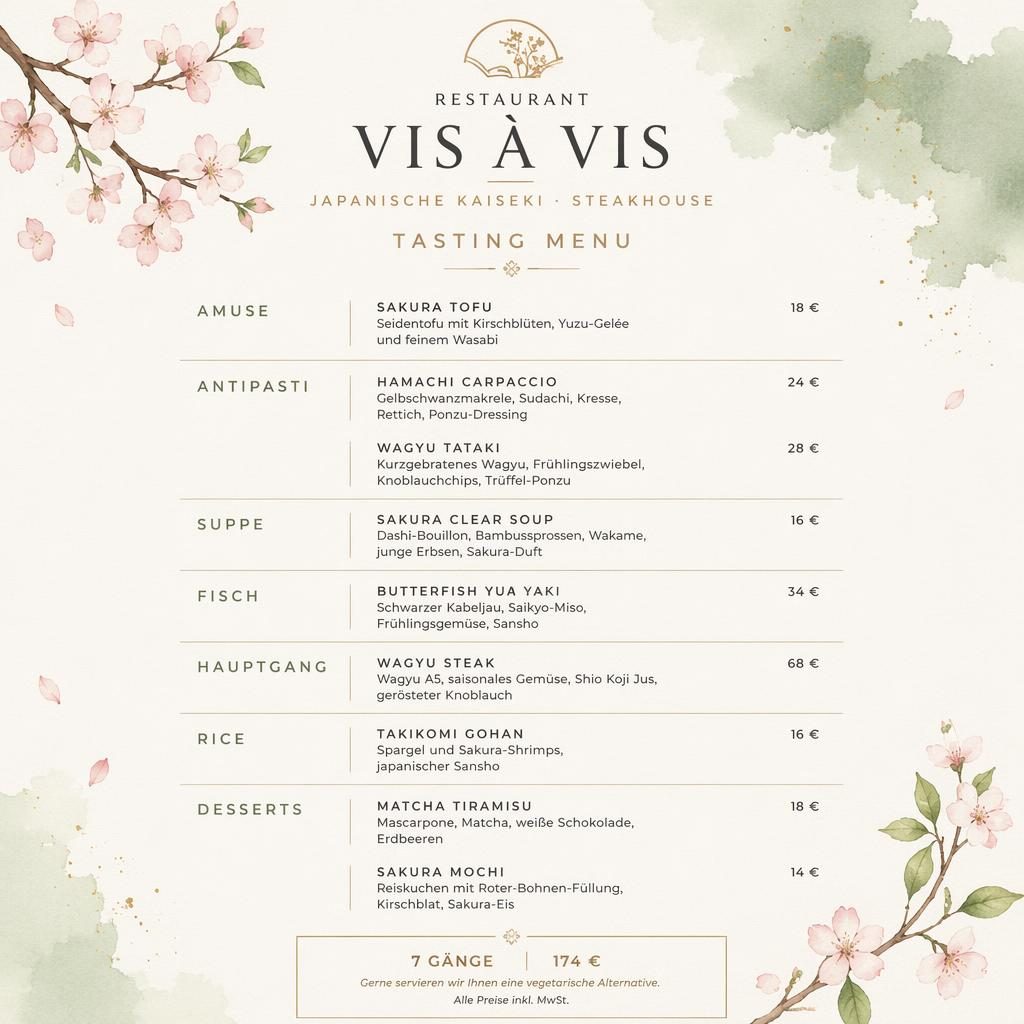 A4-Menükarte für Restaurant vis a vis im japanischen Kaiseki-Stil mit Frühlingsfarben, Rubriken, Gerichten und Preisen.