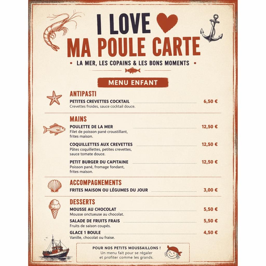 Carte de menu enfant A4 en style loft industriel, tons crème chaud et rouille, avec en-têtes, plats, descriptions et prix.