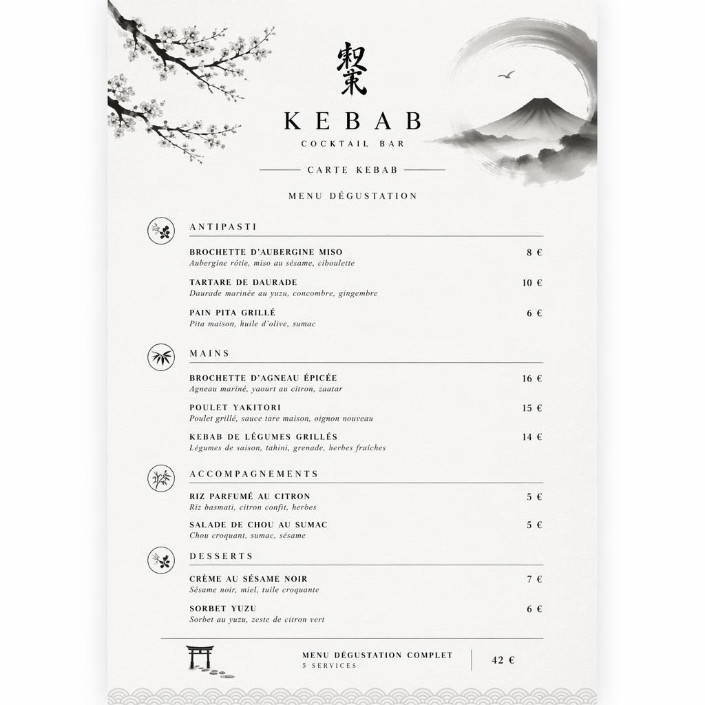 Maquette de carte kebab A4 en portrait, style kaiseki japonais monochrome, avec en-tête décoratif, sections, plats et prix.