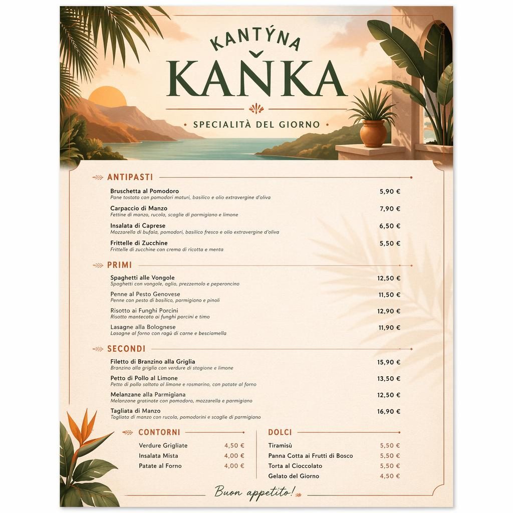A4 menu karta pro kantýna kaňka, italské denní menu v teplé zemitě-tropické paletě s cenovým sloupcem.