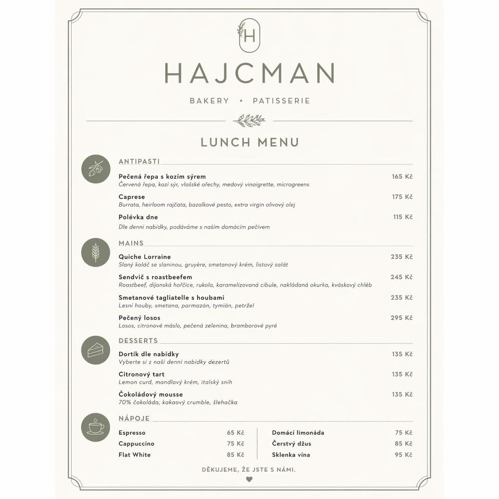 Tisková menu karta A4 na výšku pro hajcman menu v odstínech šalvěje a slonové kosti s cenovým sloupcem