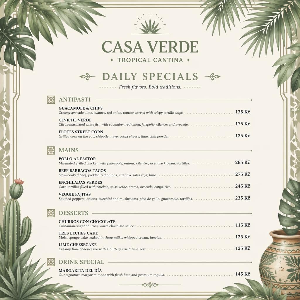 Menu karta A4 na výšku pro mexické denní menu v tropickém resort stylu, paleta šalvějová a slonová kost.