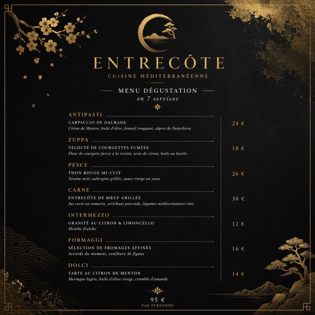 Carte de menu dégustation A4 portrait, style kaiseki japonais, palette noir et or, rubriques, plats, prix et en-tête décoratif.