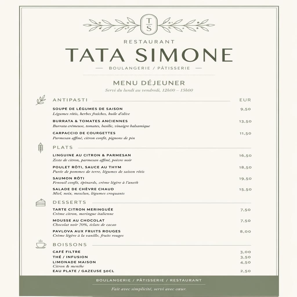 Carte de déjeuner A4 en portrait pour restaurant tata simone, style suisse minimaliste vert sauge et ivoire, avec rubriques, plats et prix.