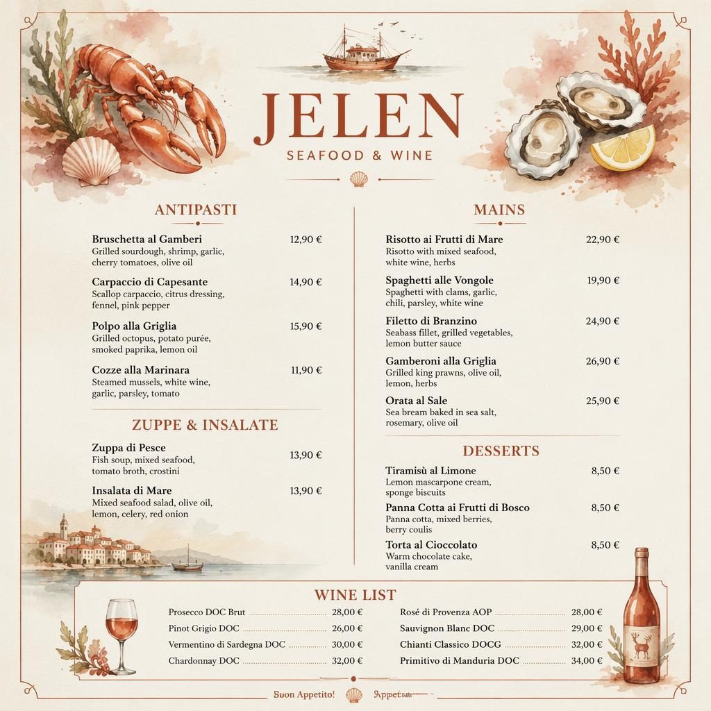 A4 vinný lístek jelen menu v akvarelovém stylu, krémovo-rezavá paleta, dekorativní záhlaví a sloupce s cenami