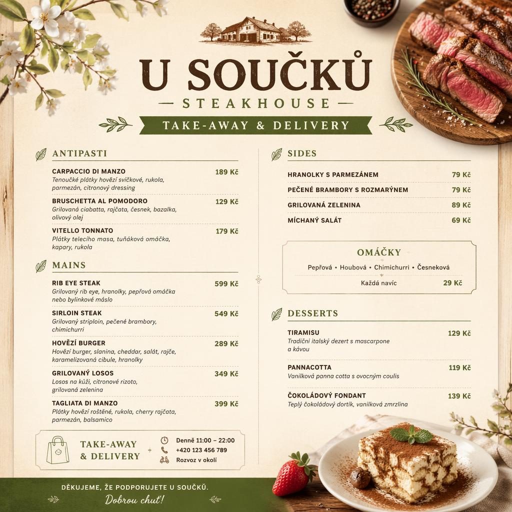 Rustikální menu karta A4 pro steakhouse, teplé jarní barvy, dekorativní hlavička, sekce jídel a sloupec cen.